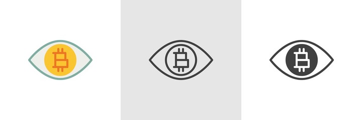 Bitcoin eye icon. Line, glyph and filled outline colorful version, Cryptocurrency mining outline and filled vector sign. Symbol, logo illustration. Different style icons set. Vector graphics