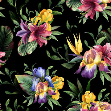 watercolor seamless pattern with purple, yellow and blue iris and tropical flower and green leaves