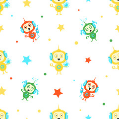 Cute Funny Robots Seamless Pattern, Friendly Alien or Robot Design Element Can Be Used for Fabric, Wallpaper, Packaging Vector Illustration
