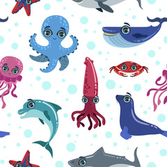 Sea Animals Seamless Pattern with Cute Sea Creatures, Design Element Can Be Used for Fabric, Wallpaper, Packaging Vector Illustration