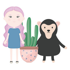 cute monkey and girl with exotic cactus in ceramic pot