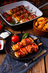 marinated kebab skewers with meat and vegetables