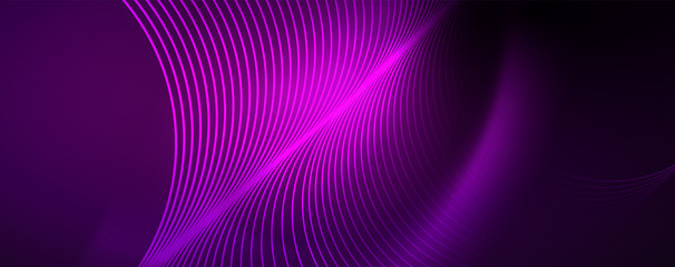 Shiny neon lights, dark abstract background with blurred magic neon light curved lines