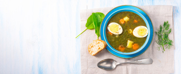 Sorrel soup with potatoes and egg - obrazy, fototapety, plakaty