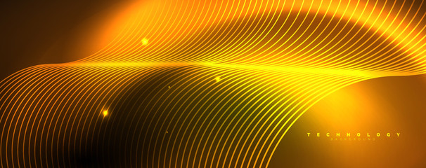 Bright neon circles and wave lines, glowing shiny background design template, digital techno concept.