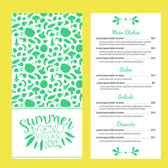 Summer Vegan Food Menu Template with Main Dishes, Salads and Desserts Vector Illustration
