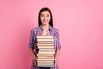 Portrait of cute funny lady hold hand want be intellgent clever laugh laughter astonished impressed incredible wonder isolated wear plaid shirt pink background