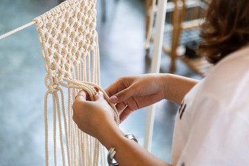 Women Hobby knitting handmade macrame. - obrazy, fototapety, plakaty