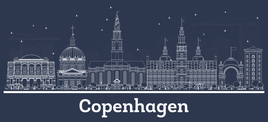 Outline Copenhagen Denmark City Skyline with White Buildings.