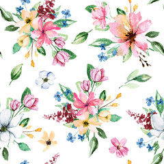 Seamless background, floral pattern with watercolor flowers. Repeating fabric wallpaper print texture. Perfectly for wrapping paper, backdrop or border. 