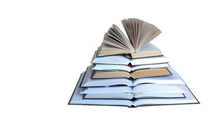 pyramid of opened books on white background