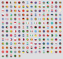 All national flags of the world stickers with names. Rounded flags, circular design, stickers. High quality vector flag isolated on gray background