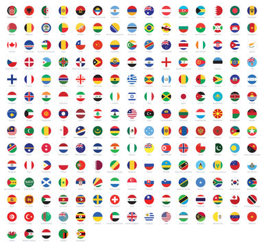 All national flags of the world with names. Rounded flags, circular design. High quality vector flag isolated on white background