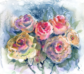 Summer bouquet of roses, watercolor illustration - 274193556
