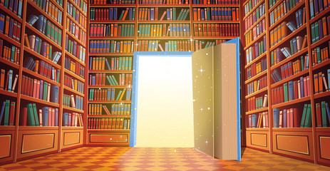 Library book shelves cartoon vector illustration.