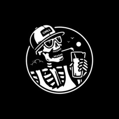 SKELETON WITH CAP AND COCKTAIL BADGE WHITE BLACK BACKGROUND