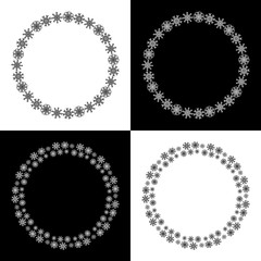 Snowflake round frame set on white and black background. Vector illustration. Can be used for greeting card, invitation, banner, web
