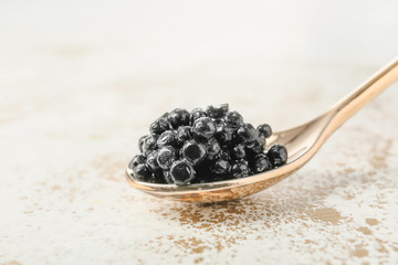 Spoon with black caviar on white background - obrazy, fototapety, plakaty