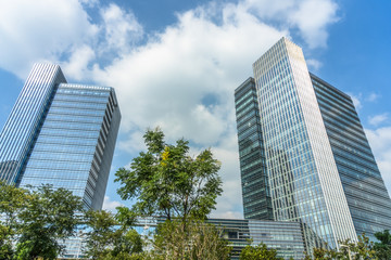 Modern office building on a clear sky background.