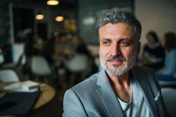 A portrait of a mature businessman sitting in a cafe. Copy space.