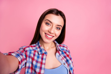 Fototapeta premium Close up photo beautiful amazing she her lady pretty perfect look make take selfies speak tell skype friends relatives parents wear casual checkered plaid shirt clothes isolated pink background