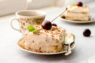 Tiramisu, a traditional Italian dessert in a light background. Close-up