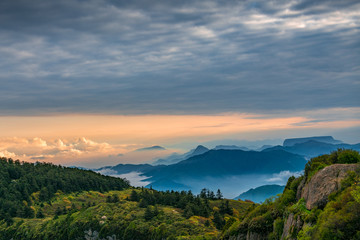Fototapeta na wymiar Mountains and seas of clouds at dusk, Emei Mountain, Sichuan Province, China