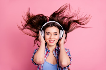 Close up photo beautiful amazing she her lady hairstyle flight overjoyed hands arms hold earflaps...