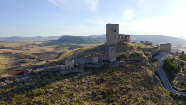 Drone Footage of "La Estrella Castle" in Teba, Malaga, Andalucia in Spain, a beatufil and ancient ruins of a medieval castle