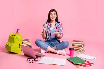 Portrait lovely lady teen teenager sit have thought thoughtful imagine guess computer laptop use...