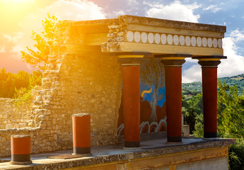 Reconstructed temple at Palace of Knossos on Crete Island in Greece
