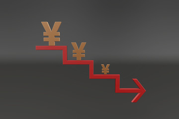 Fototapeta premium Trapezoidal arrow with currency symbol, career failure and bankruptcy,renminbi