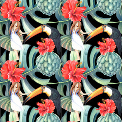 Tropical seamless pattern with red hibiskus flowers, beautiful dansing girl, toucan, vintage tropical leaves. Hand painted in watercolor. Perfect for design, patterns, greeting cards, posters, website © Evgeniia