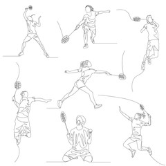Continuous one line badminton player set. Summer Olympic Games. Vector