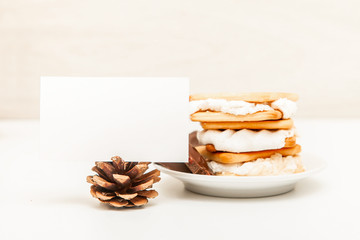 smore - cookies, chocolate and marshmallows - traditional dessert - card mock up