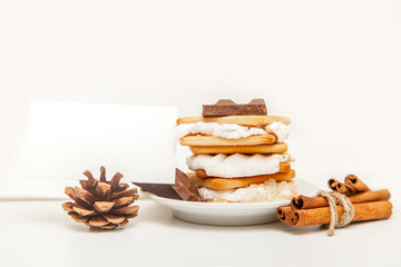 smore - cookies, chocolate and marshmallows - traditional dessert - card mock up