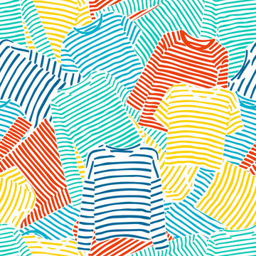 Hand drawn blue. orange and yellow striped longsleeve t-shirts seamless pattern.