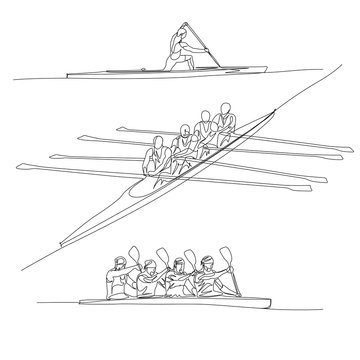 Continuous One Line Rowing Or Crew Sport Set. Summer Olympic Games. Vector