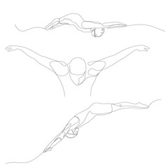 Continuous one line swimmer set. Swimming theme. Summer Olympic Games. Vector