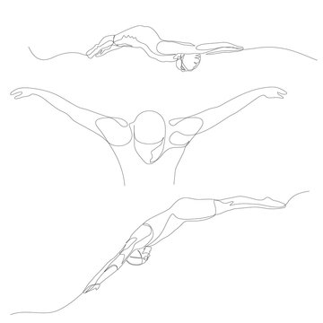 Continuous One Line Swimmer Set. Swimming Theme. Summer Olympic Games. Vector