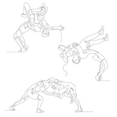 Continuous one line wrestlers set. Wrestler doing suplex. Wrestling theme. Summer Olympic Games. Vector