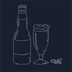 Vector background with beer and snacks. Useful for packaging, menu design and interior decorating. Hand drawn doodle. Illustration isolated on black background. 