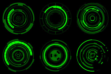 Set of futuristic radial graphic elements. Neon Green HUD. Circle Head-up display for web and app. Futuristic user interface. Template UI for web, app, virtual reality. Vector illustration