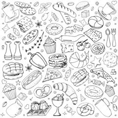 Vector background with breakfast, lunch, coffee pizza snacks. Useful for packaging, menu design and interior decoration. Hand drawn doodles.  Sketchy collection of food elements on white background.