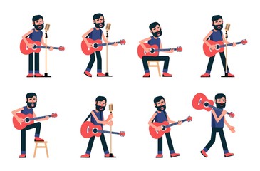 Fototapeta premium Singer guitarist sings in various poses. Musician with acoustic guitar. Vector flat character.