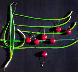 Creative food flat lay from red cherries and green onions arranged as music staff with notes of...