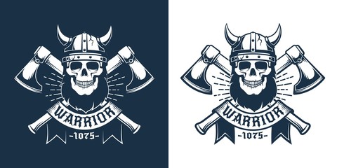Viking skull with beard in horned helmet and crossed axes with heraldic ribbon. Vintage warrior logo. Vector illustration. - obrazy, fototapety, plakaty