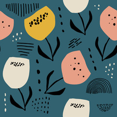 Decoratief modern abstract vintage patroon in Scandinavische stijl. Behang met kleurrijke eenvoudige bloemenvormen. Vector- en jpg-afbeelding, clipart, bewerkbare geïsoleerde details.