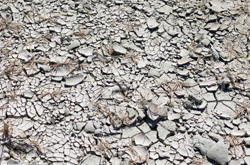 Bleached dry stratified soil in cracks with dried plants in sunny summer day