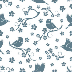 Seamless pattern with sakura branches, birds.